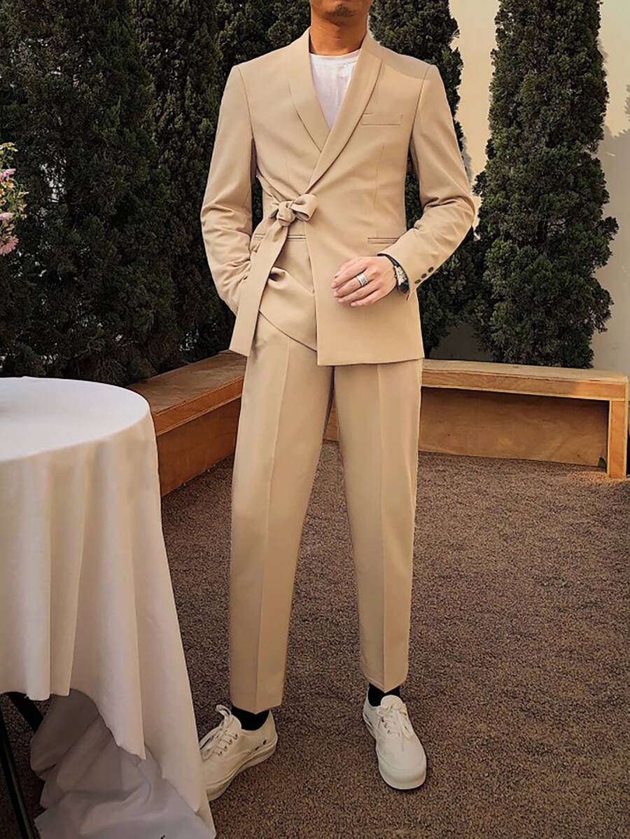 Manfinity AFTRDRK Men Solid Knot Front Blazer & Suit Trousers - Khaki - View 1