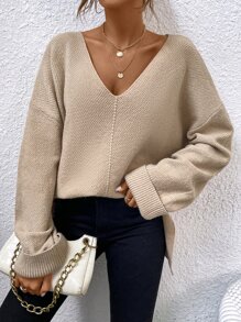 SHEIN Frenchy Jersey de hombros caídos bajo con abertura - Caqui - Ver 6