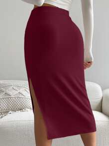 High Waist Solid Ribbed Knit Slit Skirt - Burgundy - View 2