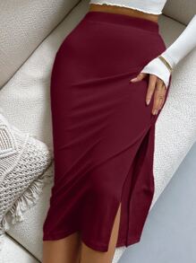 High Waist Solid Ribbed Knit Slit Skirt - Burgundy - View 5