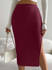 High Waist Solid Ribbed Knit Slit Skirt - Burgundy - View 6