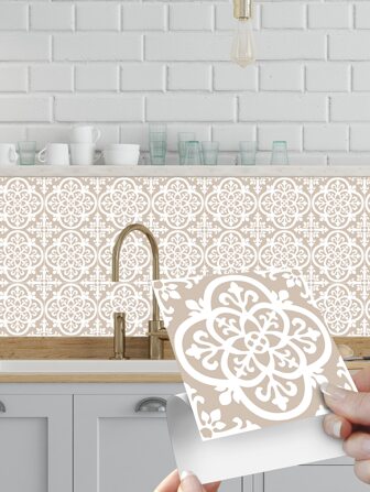 10pcs Floral Pattern Self-adhesive Kitchen Sticker, Decorative Wall Tile Sticker For Kitchen