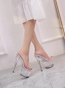 Clear Strap Platform Stiletto Heeled Mule Sandals - Clear - View 3
