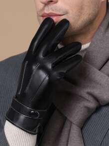 Men Snap Button Detail Gloves - Black - View 4