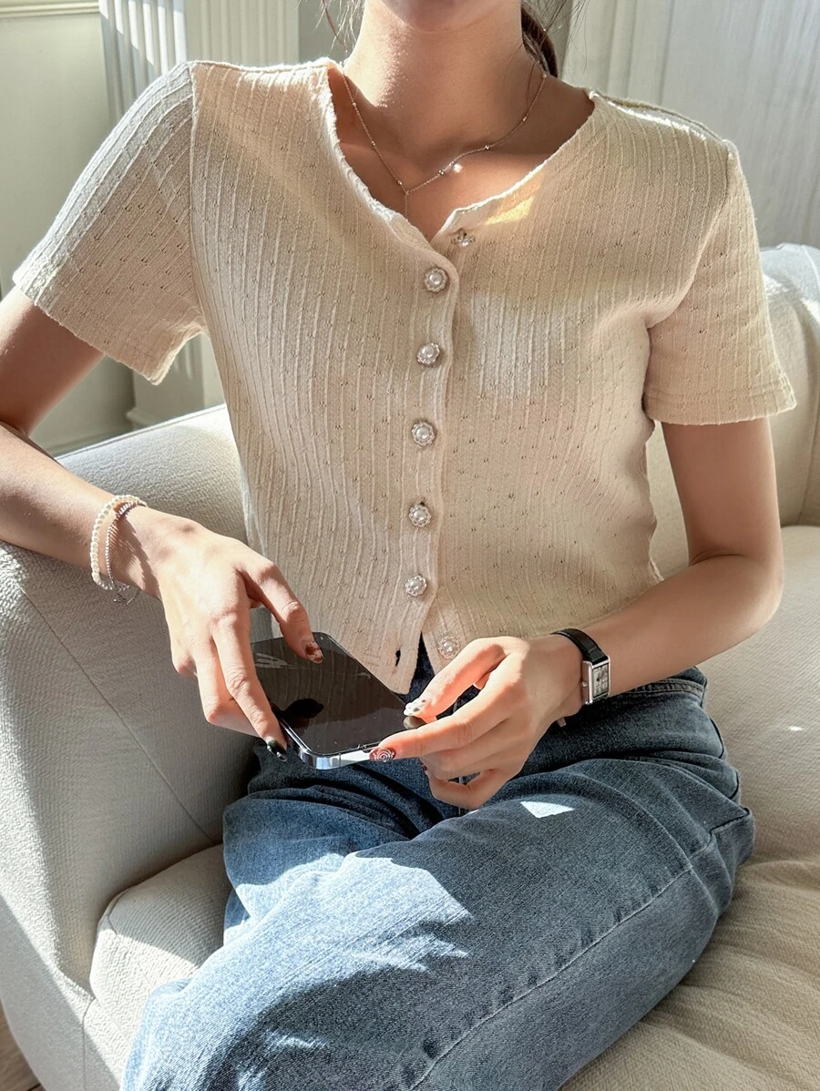 DAZY Button Front Round Neck Tee - Beige - View 1