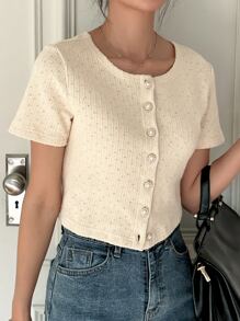 DAZY Button Front Round Neck Tee - Beige - View 2