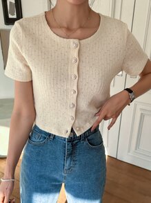 DAZY Button Front Round Neck Tee - Beige - View 6