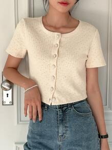 DAZY Button Front Round Neck Tee - Beige - View 7