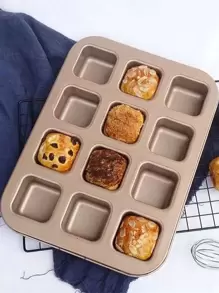 1入非粘式方形蛋糕烤盤,12入金色方型蛋糕模具,平底松餅杯和煎餅烤盤,松餅杯蛋糕製造機,蛋糕烤盤,12孔松餅杯蛋糕盤,布丁方形模,提拉米蘇烤盤,廚房烤箱工具,適用製作各種方形烘烤食品 - 金色 - 查看 12