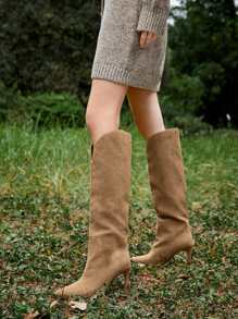 evoluSHEIN 細跟仿麂皮靴子 - 薑色 - 查看 4