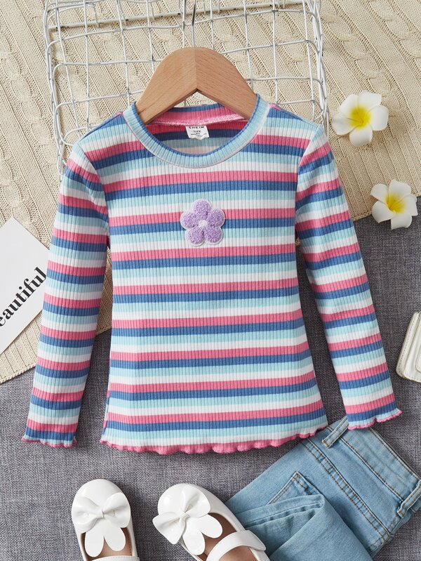 SHEIN Young Girl Striped Floral Patched Lettuce Trim Tee