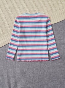 SHEIN Young Girl Striped Floral Patched Lettuce Trim Tee - Blue - View 2