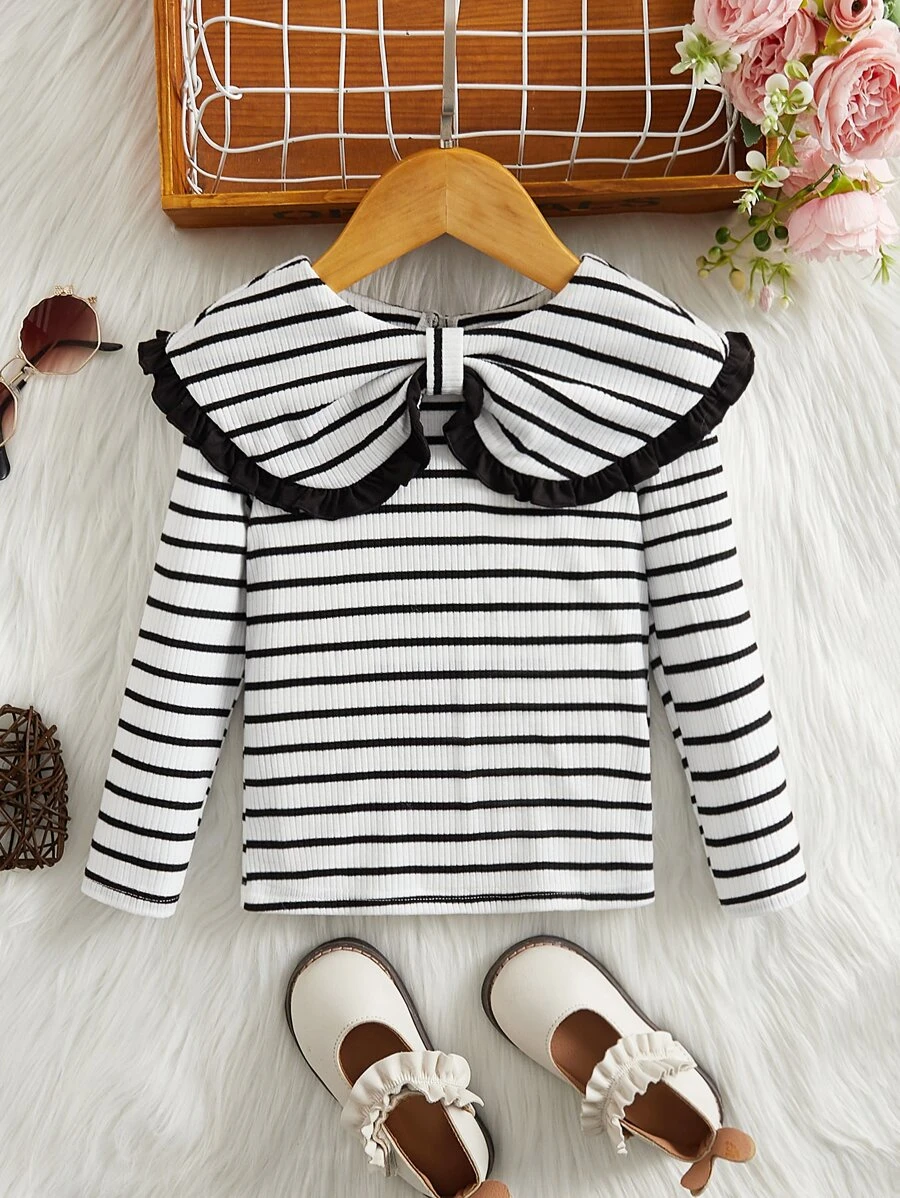 SHEIN Leap Crew Young Girl Striped Print Long Sleeve T-Shirt With Exaggerated Collar - Black and White - View 1
