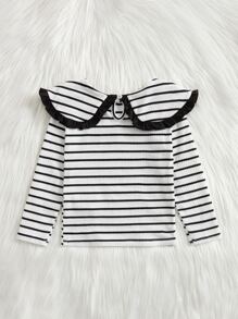 SHEIN Leap Crew Young Girl Striped Print Long Sleeve T-Shirt With Exaggerated Collar - Black and White - View 2