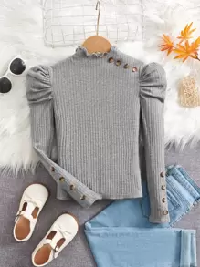 SHEIN Girls Button Detail Puff Sleeve Mock Neck Tee - Grey - View 1