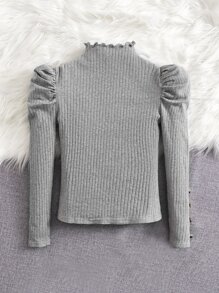 SHEIN Girls Button Detail Puff Sleeve Mock Neck Tee - Grey - View 2