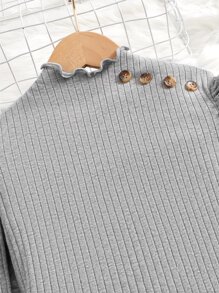 SHEIN Girls Button Detail Puff Sleeve Mock Neck Tee - Grey - View 4