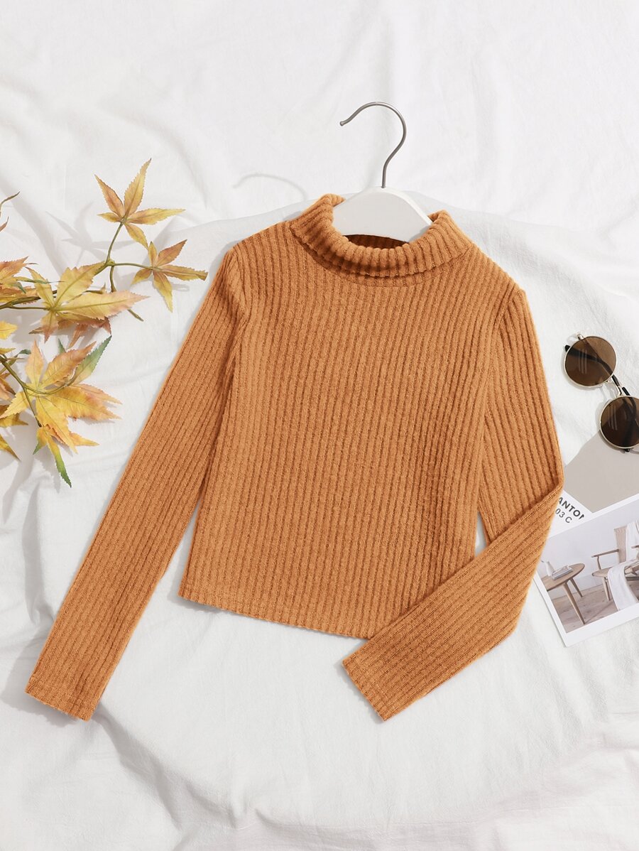 SHEIN Chicas Camiseta de cuello tortuga tejido de canalé térmico - Marrón - Ver 1