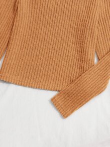 SHEIN Chicas Camiseta de cuello tortuga tejido de canalé térmico - Marrón - Ver 3