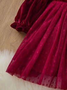 嬰兒荷葉袖網紗拼接連衣裙 - 酒紅色 - 查看 5