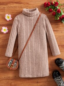 SHEIN Toddler Girls Turtle Neck Dress - Dusty Pink - View 1