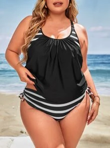 Swim Lushoire Plus Striped Drawstring Side Tankini Top & High Waisted Bottom 2 Piece Bathing Suit - Black - View 1