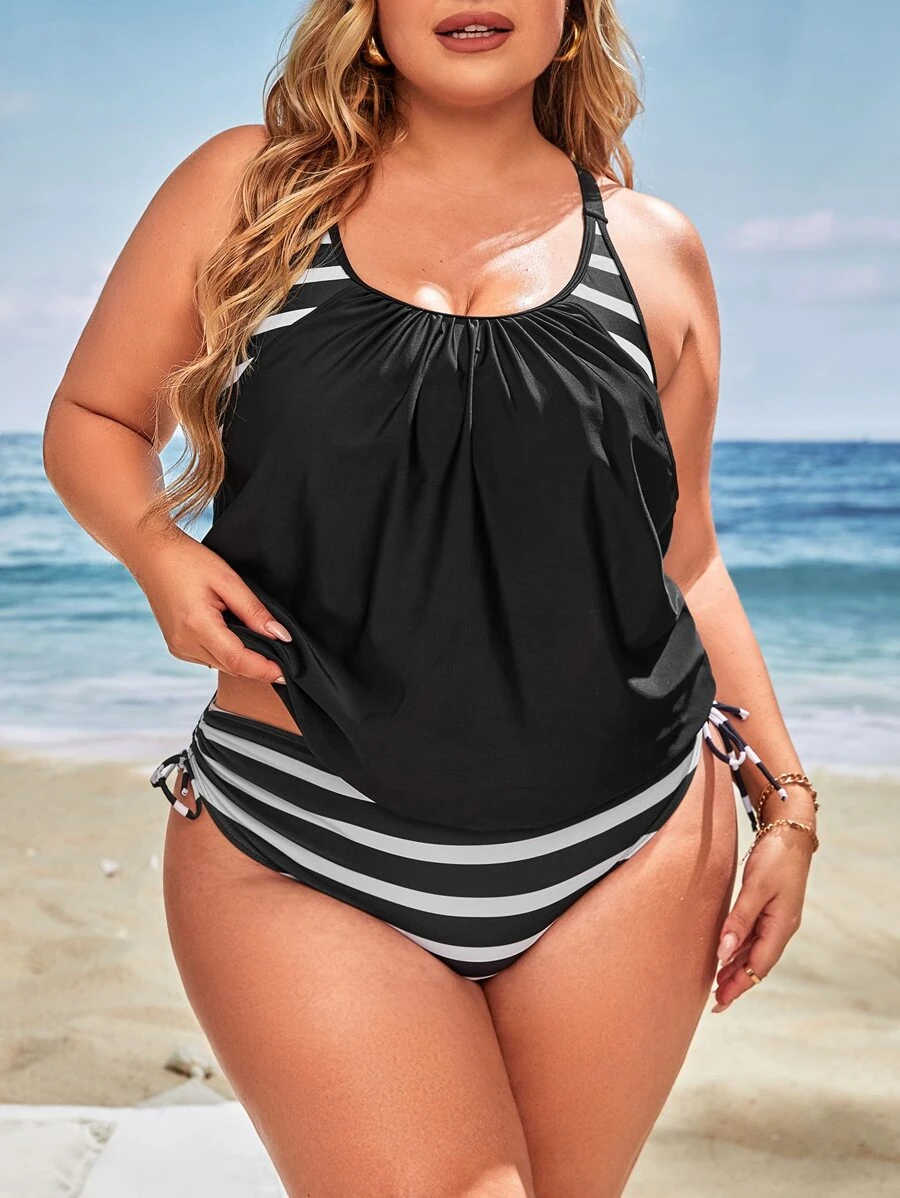 Swim Lushoire Plus Striped Drawstring Side Tankini Top & High Waisted Bottom 2 Piece Bathing Suit - Black - View 1
