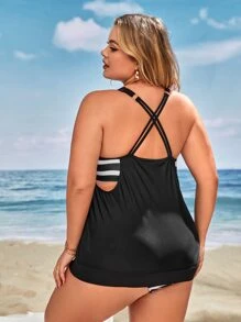Swim Lushoire Plus Striped Drawstring Side Tankini Top & High Waisted Bottom 2 Piece Bathing Suit - Black - View 2