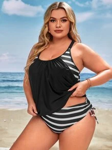 Swim Lushoire Plus Striped Drawstring Side Tankini Top & High Waisted Bottom 2 Piece Bathing Suit - Black - View 4