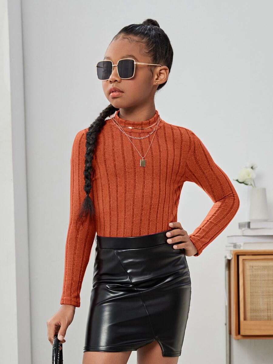 SHEIN Chicas Camiseta de cuello alto tejido de canalé - Naranja Quemada - Ver 1