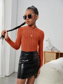 SHEIN Chicas Camiseta de cuello alto tejido de canalé - Naranja Quemada - Ver 3