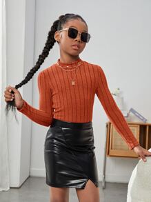 SHEIN Chicas Camiseta de cuello alto tejido de canalé - Naranja Quemada - Ver 5