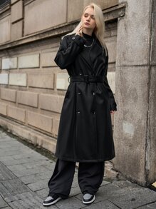 SHEIN Gabardina de manga raglán de doble botonadura - Negro - Ver 3