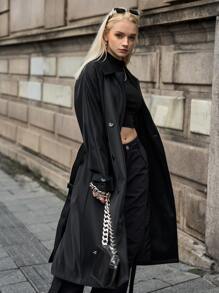 SHEIN Gabardina de manga raglán de doble botonadura - Negro - Ver 4