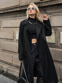 SHEIN Gabardina de manga raglán de doble botonadura - Negro - Ver 5