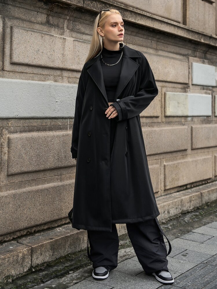 SHEIN Raglan Sleeve Double Breasted Trench Coat - Black - View 7