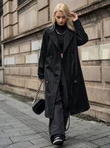 SHEIN Gabardina de manga raglán de doble botonadura - Negro - Ver 8