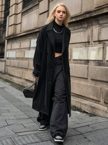 SHEIN Gabardina de manga raglán de doble botonadura - Negro - Ver 9