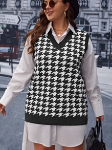 SHEIN Essnce 大碼千鳥格圖案毛衣背心不附連衣裙 - 黑與白 - 查看 3