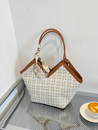 格紋圖案絲巾裝飾單肩托特包