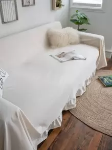 1pc Solid Ruffle Trim Sofa Towel - Beige - View 2