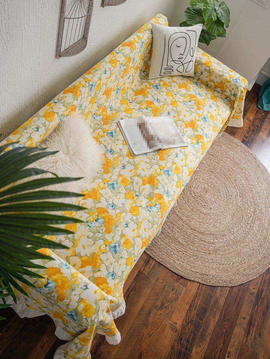 1入組花卉圖案荷葉邊沙發巾 - 彩色 - 查看 1