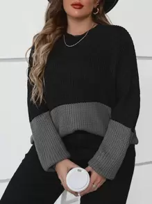 SHEIN LUNE Plus Two Tone Drop Shoulder Jumper - Dark Grey - View 3