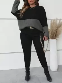 SHEIN LUNE Plus Two Tone Drop Shoulder Jumper - Dark Grey - View 4