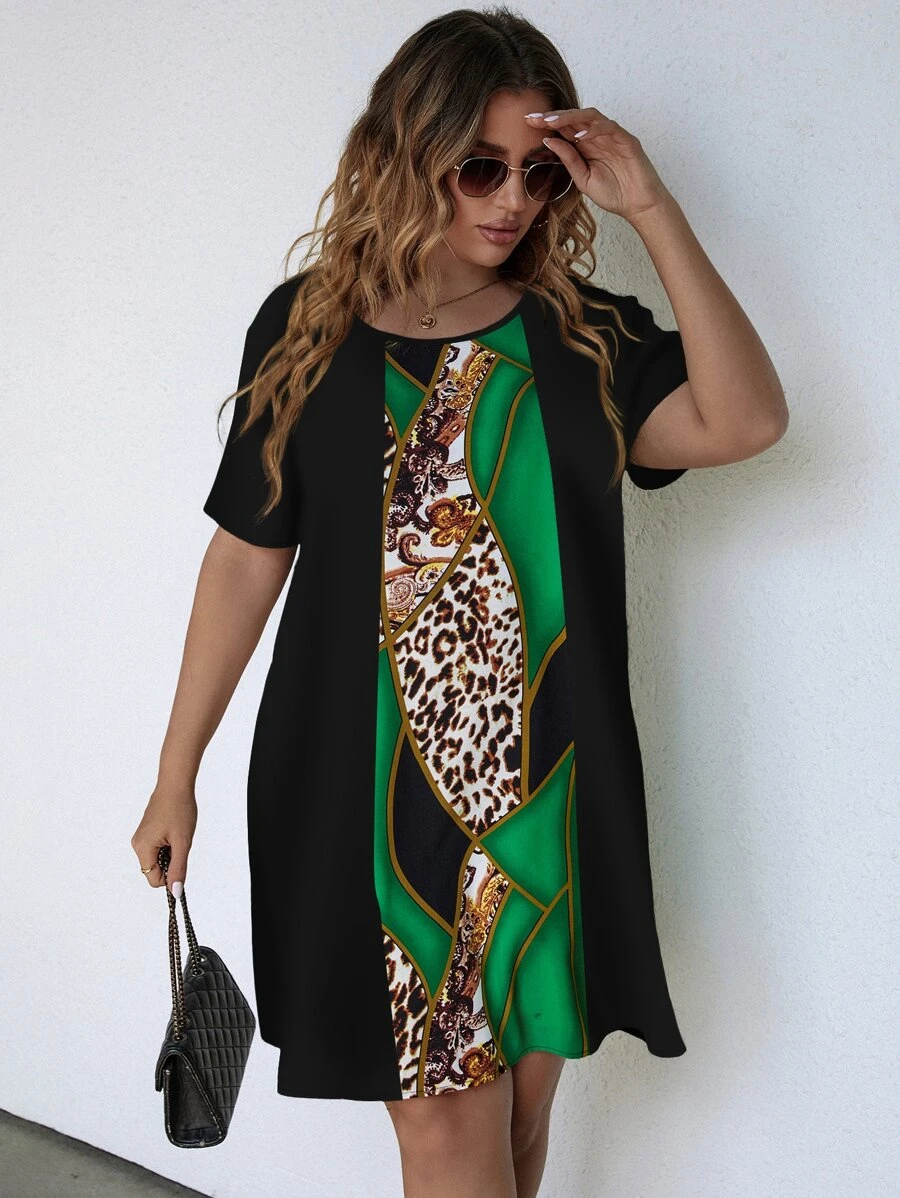 SHEIN Unity Plus Leopard And Paisley Print Dress - Green - View 1