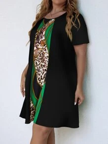 SHEIN Unity Plus Leopard And Paisley Print Dress - Green - View 3