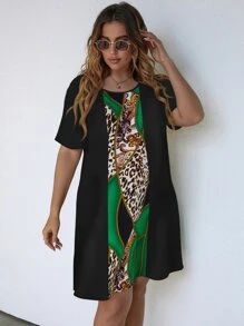 SHEIN Unity Plus Leopard And Paisley Print Dress - Green - View 4