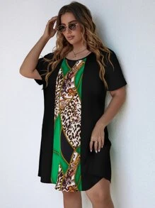 SHEIN Unity Plus Leopard And Paisley Print Dress - Green - View 8
