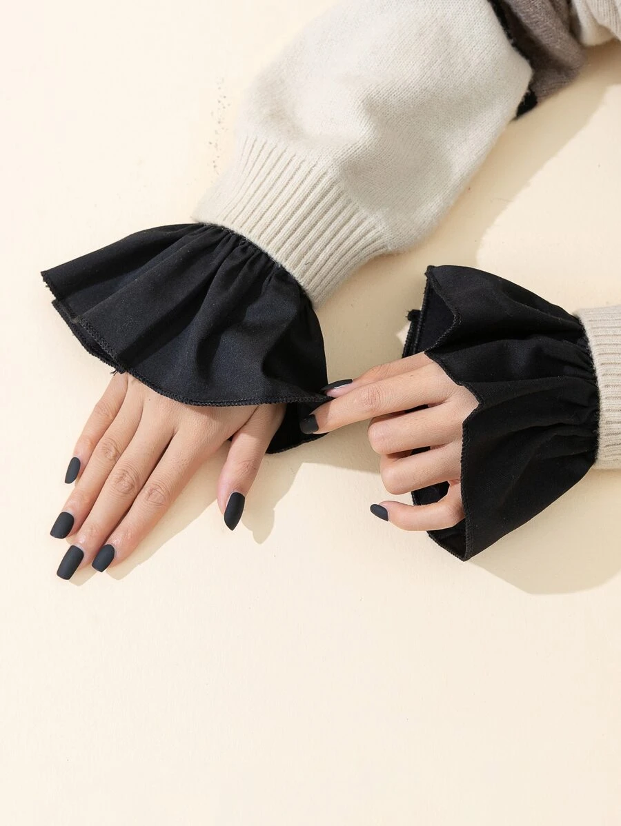 1 对女式布质喇叭袖装饰假袖口，适合派对服装装饰情人节 - 黑色 - 查看 1