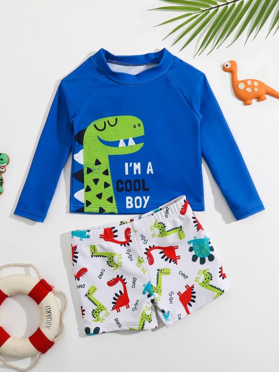 Baby Boy Cartoon Dinosaur Print Raglan Sleeve Swimsuit - Blue and White - View 1